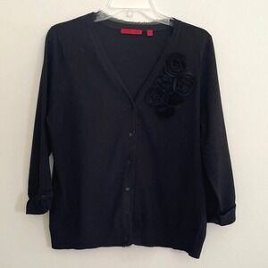 RED Black V Neck Cardigan Sweater with Floral Applique 3/4 Button Sleeve Size XL